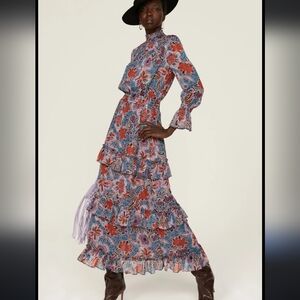 NEW Misa Los Angeles Bethany Blue Metallic Red Cerulian Floral Midi Dress L